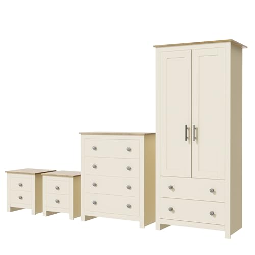 Nera 4 Piece Bedroom Furniture Set Wardrobe with Drawers, 4 Drawer Chest and Bedside Cabinet Bedroom Storage (Cream on Oak)