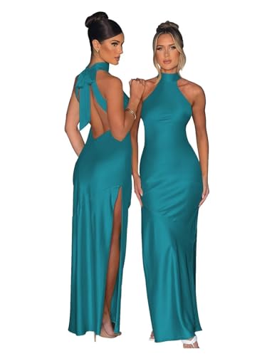 Fashionbride Women's Satin Prom Dresses Peacock Halter Mermaid Bridesmaid Dresses for Wedding Sexy Backless Bodycon Formal Dresses with Slit US6