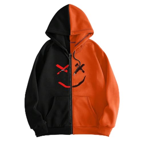 Generisch Chaqueta de punto de manga larga con capucha para hombre e invierno, color bloqueado, con capucha, naranja, 5XL