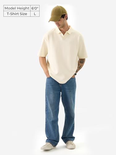 Image of The Souled Store Solids: Pastel Blue Men and Boys Short Sleeves Collared Neck Textured Cotton Blend Oversized Polos