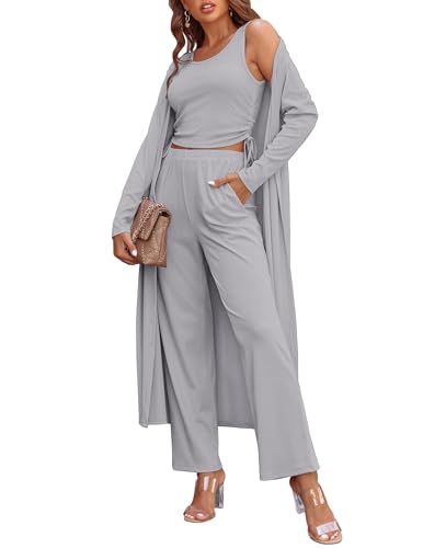 Image of Ekouaer Women's 3 Piece Lounge Set Pajama Long Sleeve Cardigan Sleeveless Top Pants Sweatsuit S-XXL