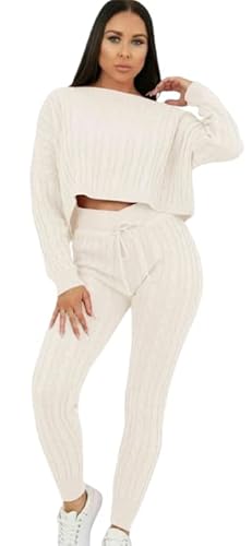 Pretty Attitude Damen Zopfmuster Baggy 2 Stück Lounge Wear Casual Set Damen Anzug Trainingsanzug, Cream, 42 Cover