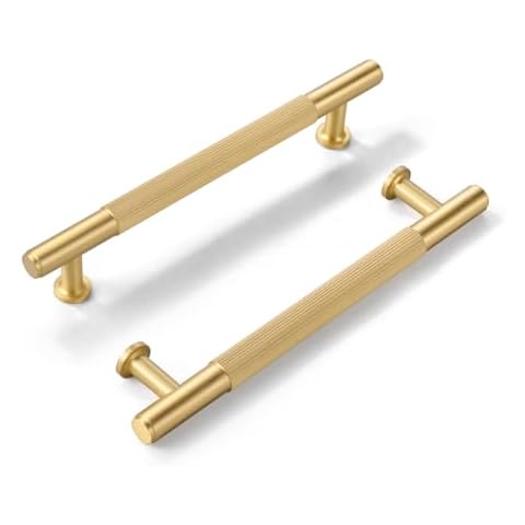 SALISENG-5 Pack Brushed Gold Cabinet Handles, Solid Brass Kitchen Drawer Pulls, 5 Inches Furniture Door Handles for Cupboard Bedroom Wardrobe(Arina) Cover