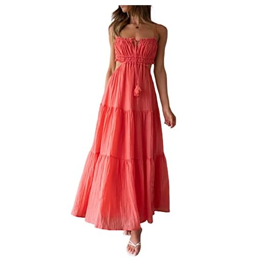Beahwear Women Summer Boho Low Cut Backless Bodycon Midi Maxi Dress - High Waist, Spaghetti Strap, Red (S)