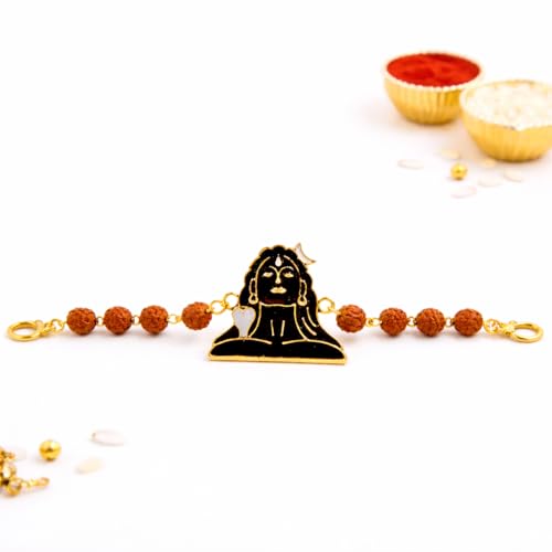Image of JAIPUR ACE Shiv Rakhi for Brother with Rudraksha Beads | Premium Designer Raksha Bandhan Bracelet Rakhi | Mahadev Adiyogi Rakhi Thread for Men & Boys | Gold Finish (Adiyogi Rakhi)