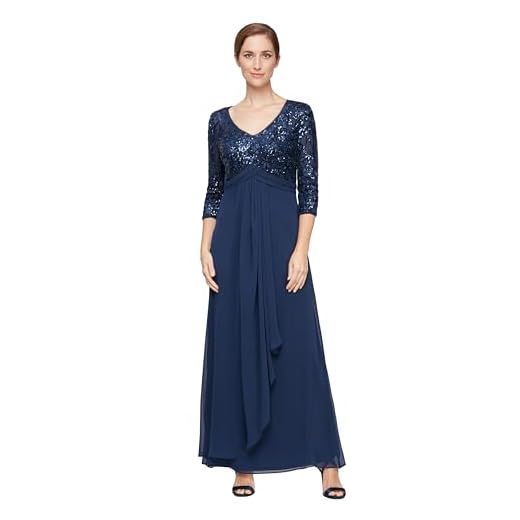 Alex Evenings Women's Petite Long Lace Top Empire Waist Dress, Navy Sequin, 16P