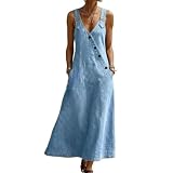 Vestido Peto Vaquero para Mujer: Tirantes Ajustables, sin Mangas, Cuello en V, Corte en línea A Fluido, Largo Midi, Estilo Vintage con Botones y Bolsillos. (Light Blue,M)