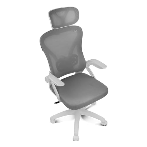 DRAIR35 – Sedia da Scrivania Ergonomica per Ufficio e Casa in Rete Tesa Traspirante, Reclinabile 90-120°, Poggiatesta e Braccioli Pieghevoli, Supporta fino a 120 kg, Grigio-Bianco - Sedia gaming - Immagine 5