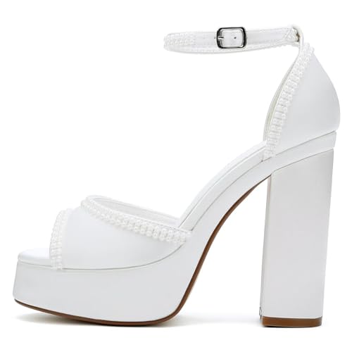 Image of Platform Heels Wedding Shoes for Bride Ankle Strap Bridal Heeled Sandals Wedding Heels