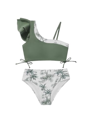 Young Girls 2 Piece Bikini Set Ruffles Swimwear with Adjustable Strap Tropical Striped Beachwear Kids Teen Bathing Suit