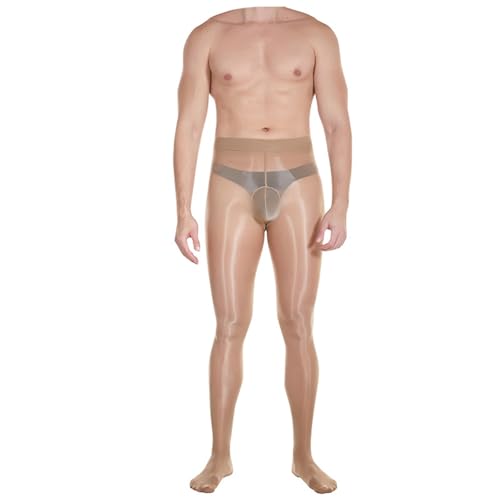 Men's High Elastic Shiny Glossy Pantyhose Nylon See Through Sheer Pantyhose with Sheath Pouch Stockings 01-Coffee One Size