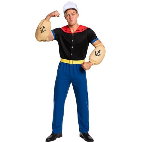 PARTYEVER The Sailor Man Cosplay Costume Men Button Down Shirt Hat and Belt Fake Muscle Arms Props Halloween Outfit (XX-Large)