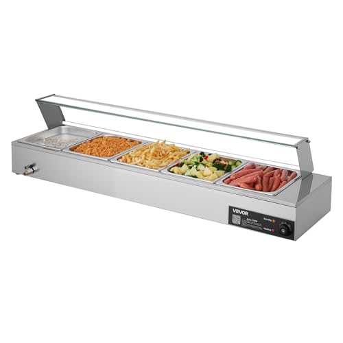 VEVOR Chauffe-Plat Électrique à Vapeur 1500 W, Buffet Chauffant en INOX, Bain-Marie de Comptoir, avec 5 Bacs Gastros de 1/2 et Capot en Verre, pour Servir Buffet en...
