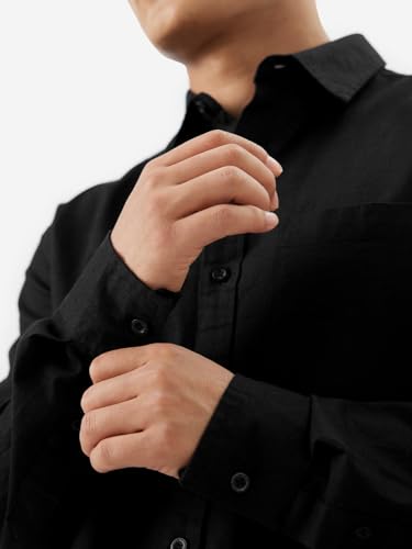 Image of The Souled Store Bold Black Men and Boys Long Sleeve Collared Neck Buttoned Front Regular Fit Cotton Linen Shirts