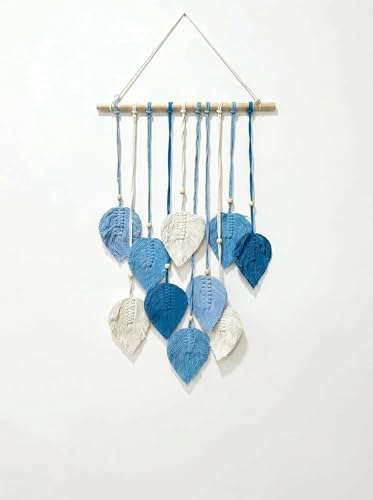 Image of JH Gallery Macrame Leaf Wall Hanging, Boho Theme Home Decor Tapestry with Wooden Beads, Handmade Macrame Wall Decor for Bedroom, Living Room and Balcony. (Blue and White)