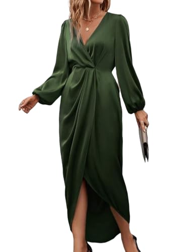 LIUYUYOUGO Vestido Mujer Vestido Midi Elegante De Satén con Escote En V Y Mangas Largas Tipo Farol para Mujer De Seda Fruncido con Cintura Elástica Y Abertura para Boda Cóctel Formal Fiesta Invit