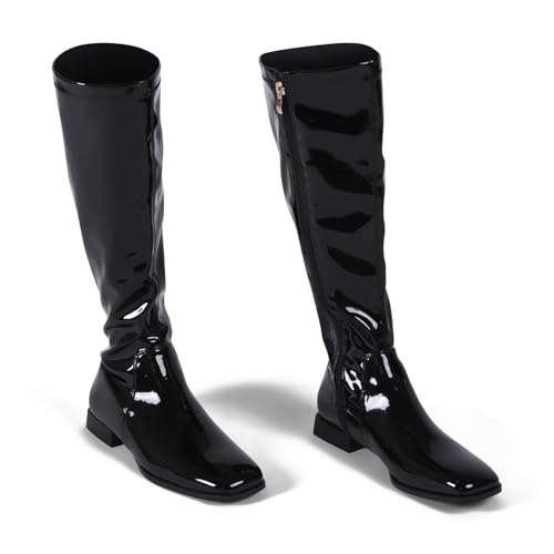 Image of GENSHUO Knee High Boots for Women Comfy Flat Heel Vintage Square Toe Fall Winter Solid Side Zipper Costume Knight Booties