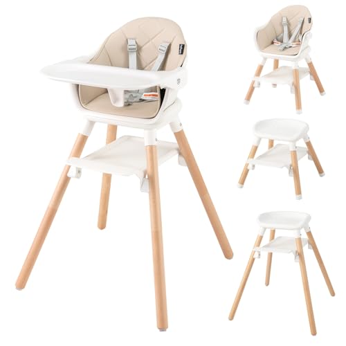 Image of BABY JOY High Chair, 6 in 1 Convertible Wooden Highchair for Babies & Toddlers with Adjustable Legs, Double Removable Tray, Safety Harness & Waterproof PU Cushion (Beige)