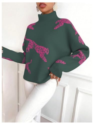 Image of WDIRARA Women's Leopard Tiger Print Sweater High Neck Long Sleeve Fuzzy Knitted Pullover Top