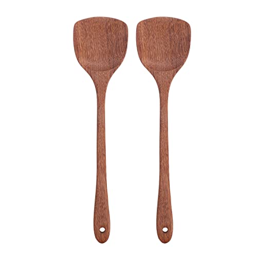 2 Piezas de Madera Wok Espátula, 38.5 Cm para el Hogar Colgando Mango Largo Espátula de Madera Plana para Mezclar y Girar Huevos, Pescado, Panqueques (38.5cm)