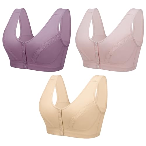FRIUSATE 3 Pieces Front Closure Bras, Front Button Wireless Bra Front Fastening Bras Front Snaps Seniors for Older Women(46 Multi)