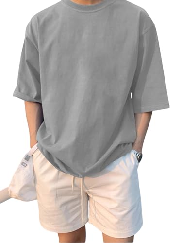 Image of LEOTUDE Half Sleeve Oversized Tshirt for Men, Round Neck Cottonblend Drop Shoulder Solid T-Shirt