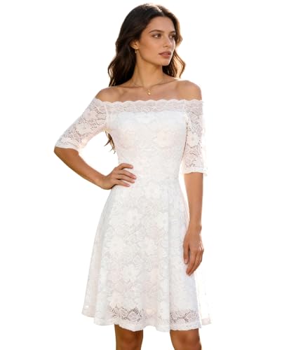 Image of Atnlewhi Womens Vintage Lace Floral Off Shoulder Elegant Swing Dresses A-line Mini Dress for Party Cocktail Wedding