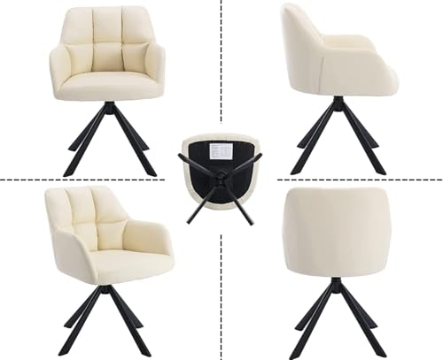 Image of Finch Fox Battle Modern 360 Swivel Mid-Back Arm Faux-Leather Study Upholstered Comfortable Metal Base Computer Office Desk Chair in Cream Color (Set of 4)