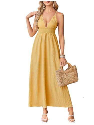 Image of Milumia Women's Summer V Neck Backless Maxi Dress Boho Spaghetti Strap A Line Flowy Beach Long Sundress