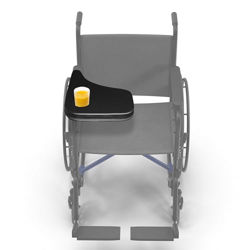 Premium Flip Down Padded Wheelchair Half Lap Tray with Recessed Molded Cup Holder. Right Side. Color, Classic Black. Made in The USA.