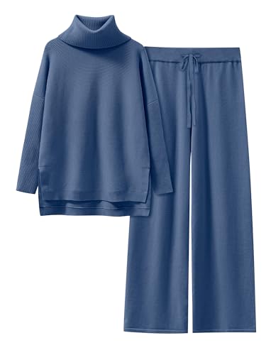 ANRABESS Women Two Piece Outfits Oversized Turtleneck Knit Pullover Sweater Top Wide Leg Pants Lounge Set Sweatsuit 2025 Fall