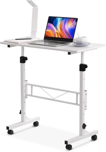 Small Standing Desk Adjustable Height, Mobile Stand Up Desk with Wheels, 32 Inch Portable Rolling Desks Conference Room Tables for Walking Pad Treadmill White