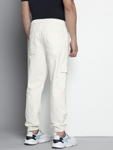 Image of The Indian Garage Co Men Regular Fit Solid Mid-Rise Stretchable Denim Cargo Joggers