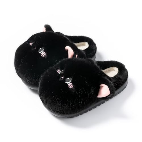 NiClothes Cute Cat Slippers for Women - Fuzzy Warm Animal Slippers with Non-Slip Thick Sole for Winter Indoor Comfort (Black Adult Women 7 Numeric Range US Footwear Size System 8 Medium)