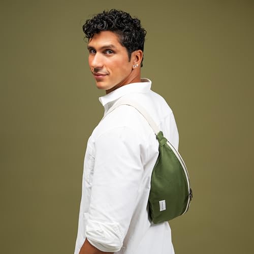 Image of The Peacock Crew Canvas Crossbody Sling Bag for Men & Women - Adjustable Strap, Dual Zippers Left /Right Handed, Secure Everyday Travel Fanny Pack Shoulder Pouch, Trekker Camo Green, 14.5 x 6.3 x 3.6