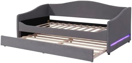 Miniatura 49 de MERITLINE Sofá cama tapizado de tamaño individual con nido y LED, marco de cama de día de forro polar con listones de madera maciza, sofá cama