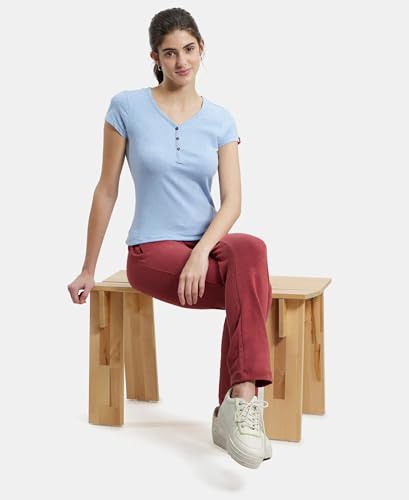 Image of Jockey UL03 Women's Super Combed Cotton Elastane Stretch Slim Fit Solid V Neck Henley Styled Half Sleeve T-Shirt