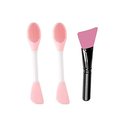 Silicone Face Mask Brush 2PCS Double-Head Mask Brush and 1PCS Soft Silicone Facial Mud Mask Applicator Brush, Premium Quality Mask Beauty Tools (Pink)