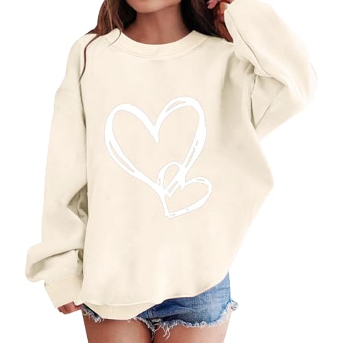 Girls Crewneck Sweatshirt Kids Cute Heart Print Tee Tops Casual Comfy Loose Fit Pullover Tops Long Sleeve Graphic Outfits