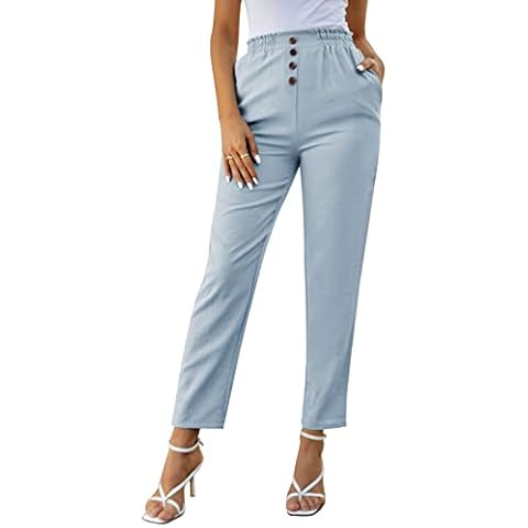 GRACE KARIN Pantalones Tapered de Mujer con Cintura Elástica Bodycon Slim Casual Decorado con Botones Azul Claro S Cover