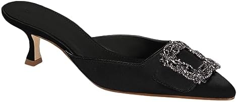 Guayonng Womens Kitten Mules Sandals Dress Shoes Heels Low Heel Rhinestone Sexy Satin Evening Party Wedding Pumps Black
