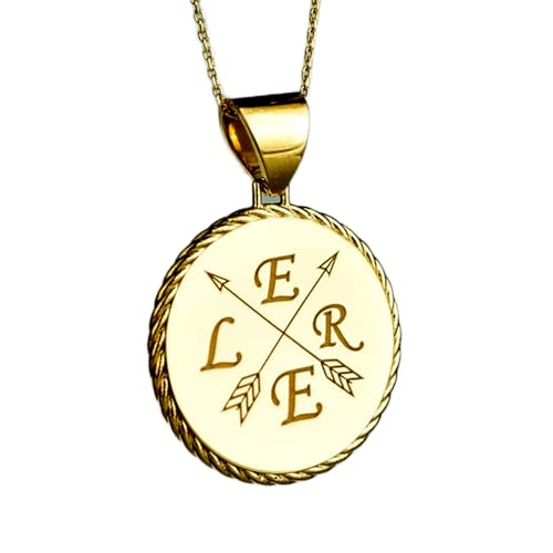 Collier pendentif pièce gravée initiales familiales 24 mm argent sterling plaqué or unisexe