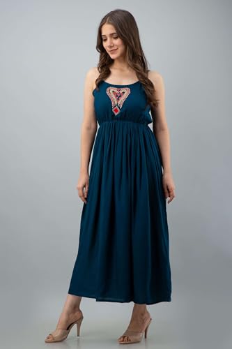 Image of Women's Rayon Sleeveless Embroidered Anarkali Kurti (Royal Blue)