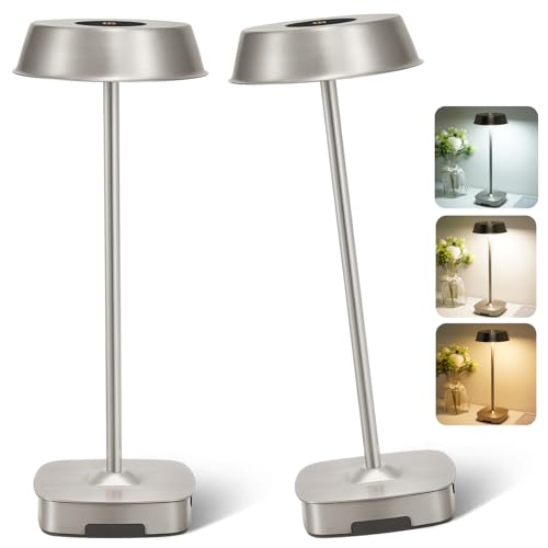 2 Packs LED Cordless Table Lamp, 5000mAh Rechargeable Table Lamp 3 Colors Stepless Dimming with Memorizable Brightness, Portable Table Lights for Restaurant/Bedroom/Outdoor, Satin Nickel Sen
