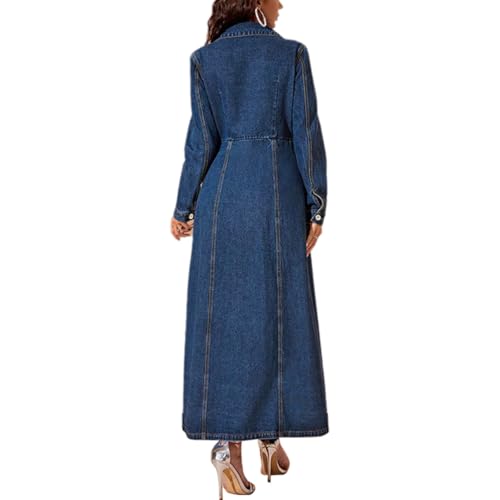 Women's Maxi Denim Dress Long Sleeve Lapel Button Long Jean Dress Fall Casual Denim Trench Coat Jacket4