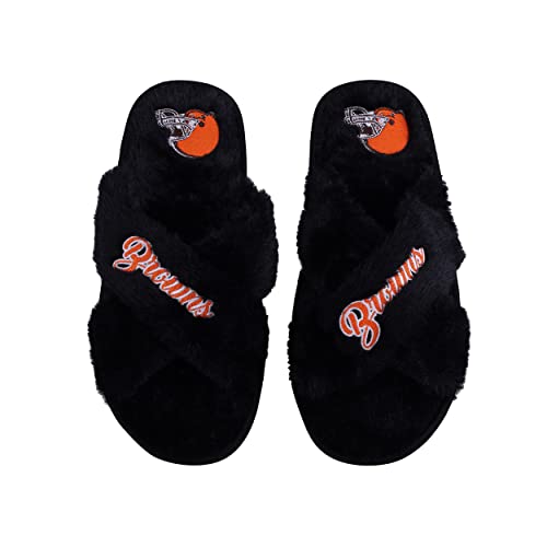 Image of FOCO Womens NFL Team Script Wordmark Fuzzy Cross Slide Slippers