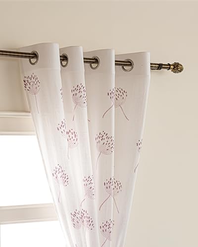 Image of THE LINEN COMPANY Cotton Linen Solid Sheer Small Window Curtain Set with Steel Eyelet Rings, 4 Feet, Wine Dandelions, Pack of 2 Pcs
