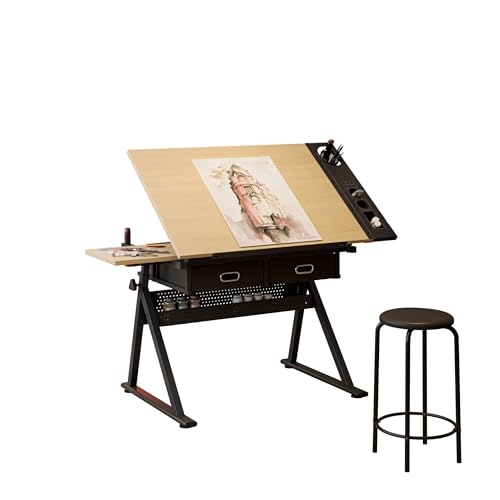 Height Adjustable Drafting Table, 0-75° Tilting Drawing Table Art Desk for Adults, Artist Desk with 2 Storage Drawers, Watercolor Paintings Sketching Workstation with Stool for Home Office