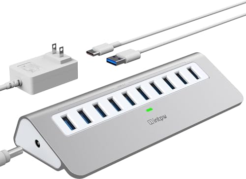 Image of Powered USB Hub, intpw 10 Port USB 3.1 Hub with 10Gbps Data Transfer, 30W(12V /2.5A) Power Adapter, USB Type A and Type C Cable, Aluminum USB Splitter for Laptop, MacBook and Desktop Computer