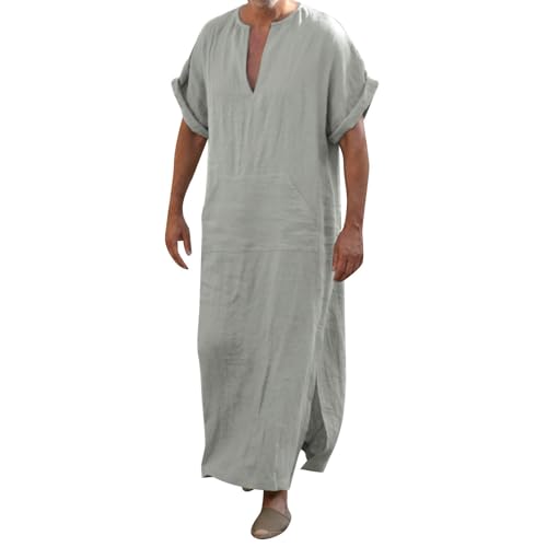 Throbe Islam for Men Muslim Eid Kaftan Short Sleeve V Neck Cotton Robe Plus Size Arabic Middle Eastern Dubai Thobe